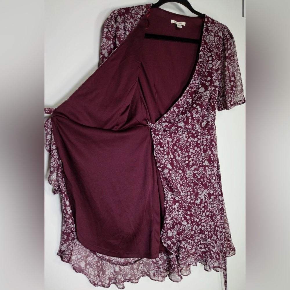 Cute Mi Ami Floral Burgundy Mini Wrap Casual Dress Size L - Picture 3 of 7